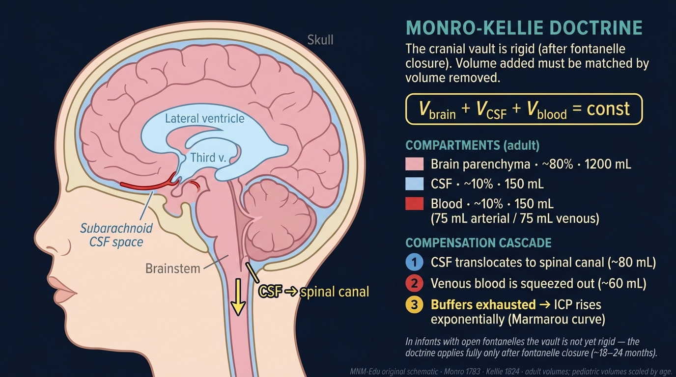 Mid-sagittal cross-section of a head showing the rigid cranial vault with brain parenchyma, lateral and third ventricles filled with CSF, subarachnoid CSF space, brainstem, and the spinal canal drainage path. Right panel lists compartment volumes and the compensation cascade.