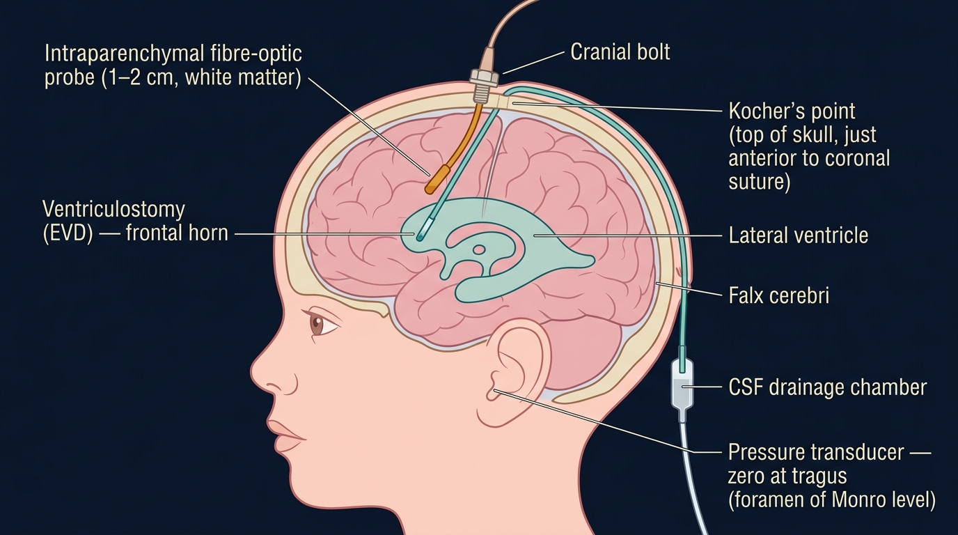 Sagittal cross-section of a paediatric head showing both ICP probe placements at Kocher's point (top of skull, just anterior to the coronal suture). Left side: intraparenchymal fibre-optic probe (orange) inserted 1-2 cm into frontal white matter. Right side: ventriculostomy (EVD, teal) catheter passed through a cranial bolt to the frontal horn of the lateral ventricle, then tunnelled out through the scalp to a CSF drainage chamber and a pressure transducer zeroed at the tragus (foramen of Monro level). Falx cerebri labelled medially.