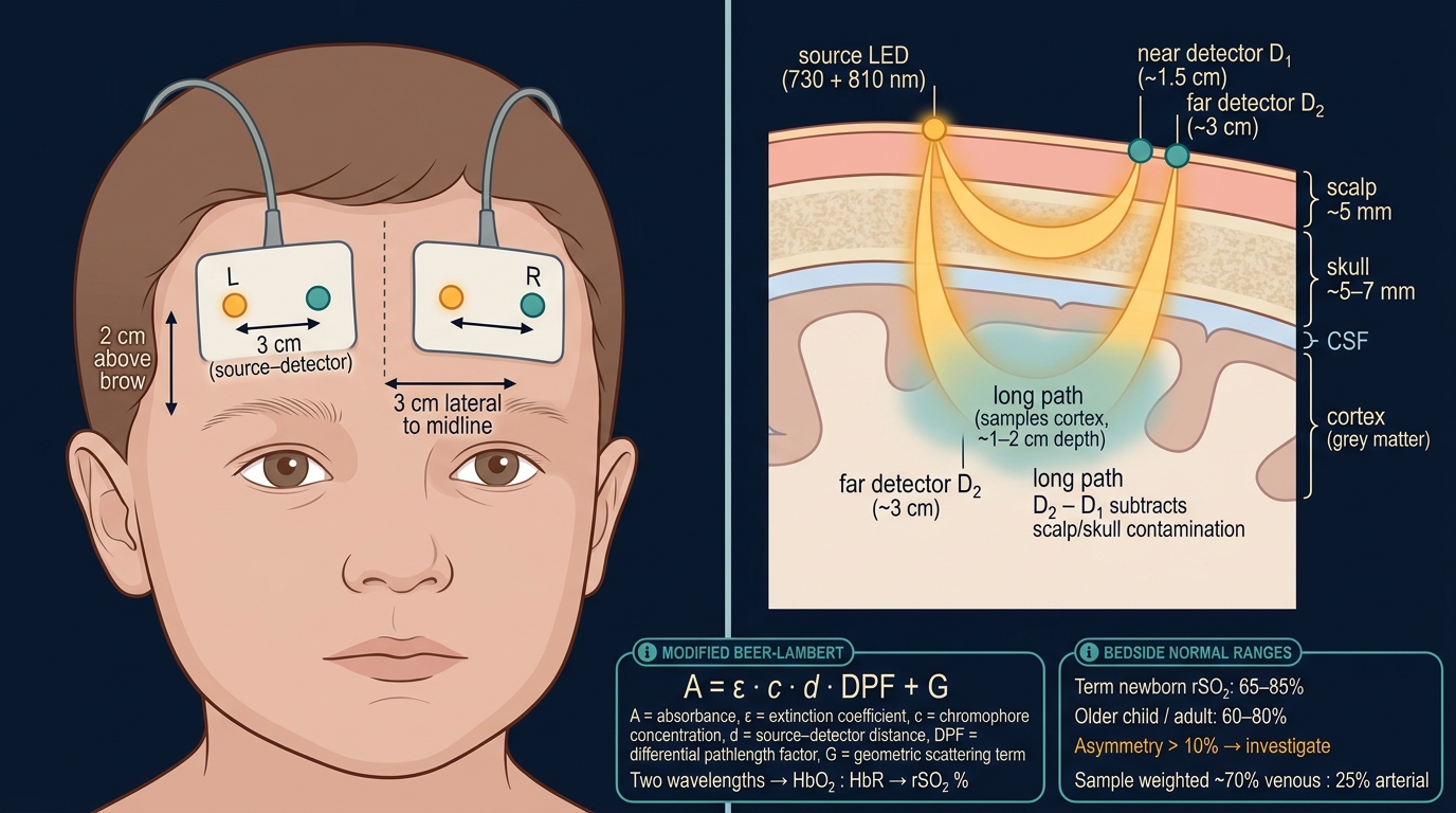 Left panel: frontal view of a paediatric face with two NIRS optode pads placed symmetrically over the frontal cortex, 2 cm above each eyebrow and 3 cm lateral to midline; each pad shows a yellow source and teal detector with 3 cm spacing. Right panel: magnified sagittal cross-section of scalp (~5 mm), skull (~5-7 mm), CSF, and cortex (grey matter) showing the source LED (730 and 810 nm) plus a near detector D1 (~1.5 cm) and far detector D2 (~3 cm); banana-shaped photon paths illustrate that D2 minus D1 subtracts scalp and skull contamination so the residual signal samples cortex at 1-2 cm depth. Bottom panels: modified Beer-Lambert equation and bedside normal ranges.