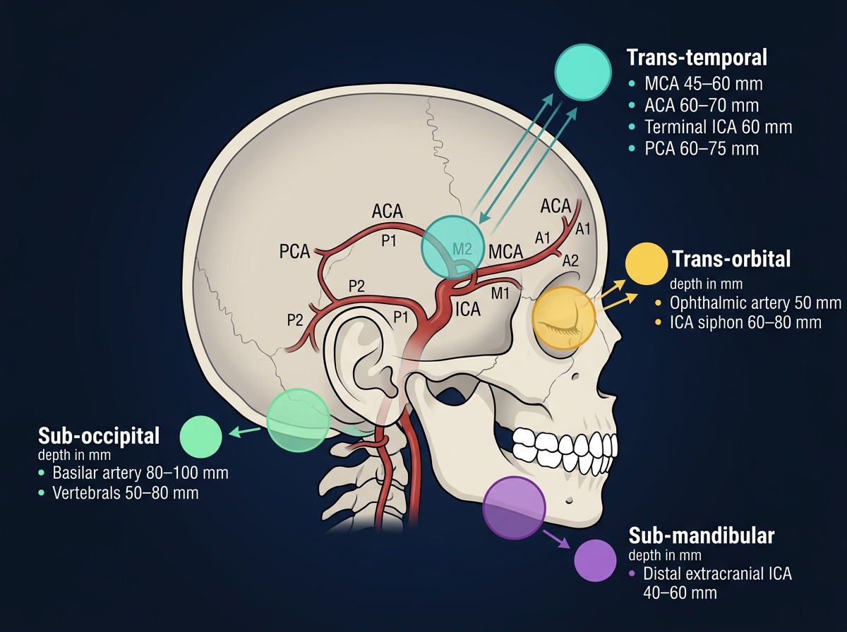 Lateral skull view with the basal cerebral arteries (ACA A1/A2, MCA M1/M2, ICA, PCA P1/P2, basilar, vertebrals) visible through a translucent cranium. Four insonation windows marked as coloured circles: trans-temporal (teal, above the zygomatic arch and in front of the tragus, insonating MCA 45-60 mm, ACA 60-70 mm, terminal ICA 60 mm, PCA 60-75 mm); trans-orbital (yellow, over the closed eyelid, insonating the ophthalmic artery at 50 mm and ICA siphon at 60-80 mm); sub-occipital (mint, below the occiput at the foramen magnum, insonating the basilar 80-100 mm and vertebrals 50-80 mm); sub-mandibular (purple, under the angle of the mandible, insonating the distal extracranial ICA 40-60 mm).